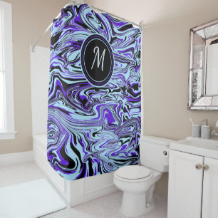 Blue Stylish Abstract Watercolor Monogram Custom Shower Curtain