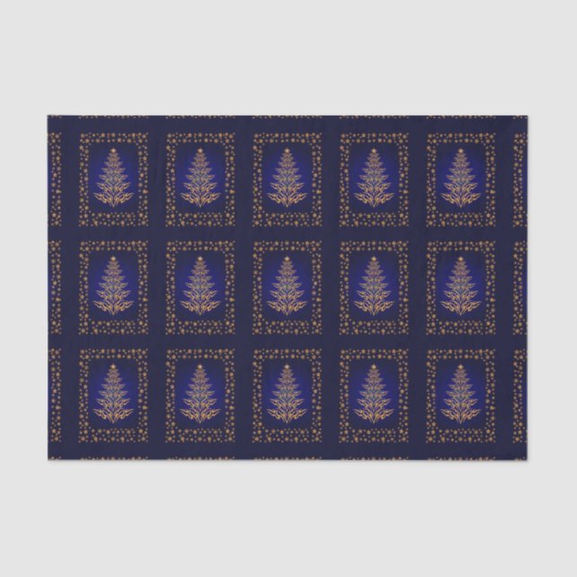 Blue Stylish Christmas Tree And Stars Tissue Paper (Front)