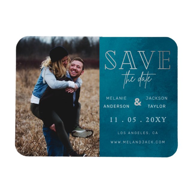 Blue Stylish Handwritten Photo Save the Date Magnet (Horizontal)