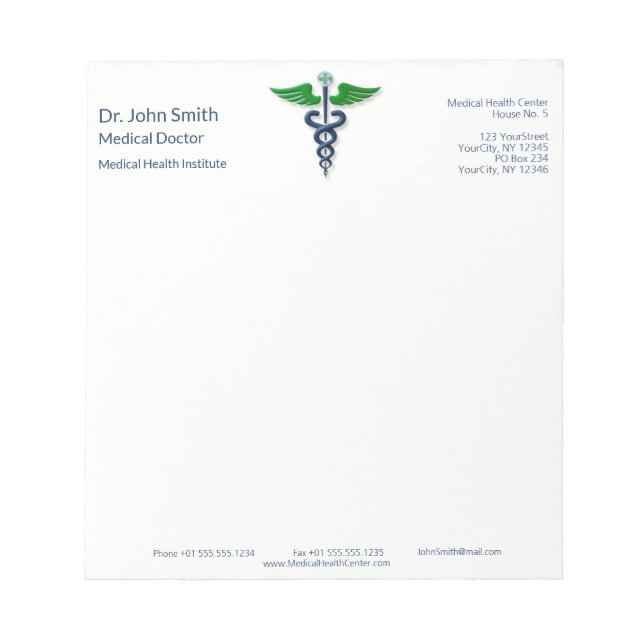 Blue Stylish Medical Caduceus Green Wings Cross Notepad (Front)