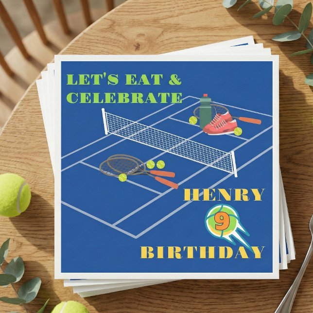 Blue Stylish Tennis Racket Court Game Birthday Napkin (Creator Uploaded)