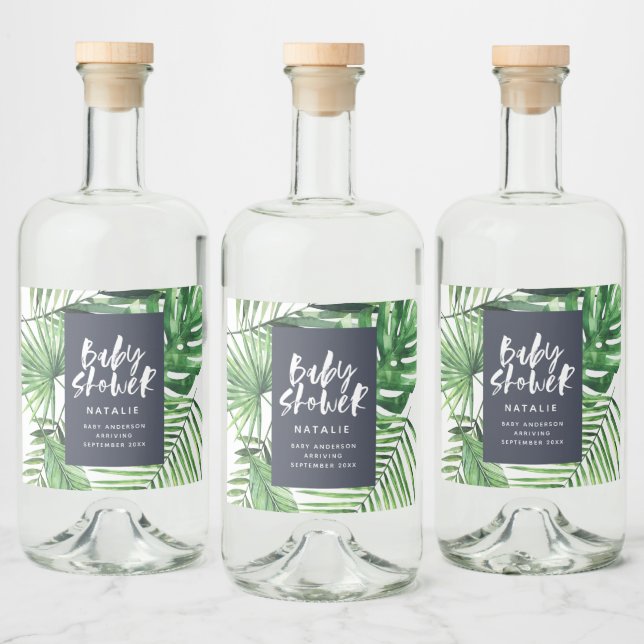 Blue stylish tropical foliage modern baby shower liquor bottle label (Bottles)