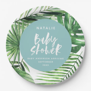 Blue stylish tropical foliage modern baby shower paper plate