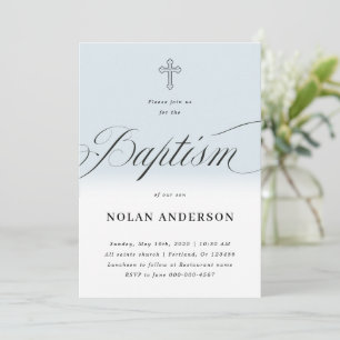 Blue Subtle Cross in letters Calligraphy Baptism Invitation