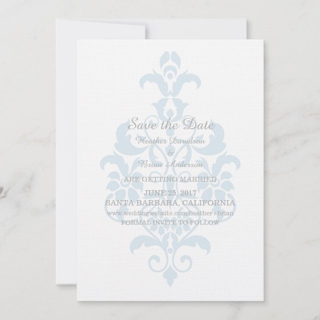 Blue Subtle Damask Save the Date Invite (Front)