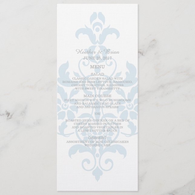 Blue Subtle Damask Wedding Menu (Front)