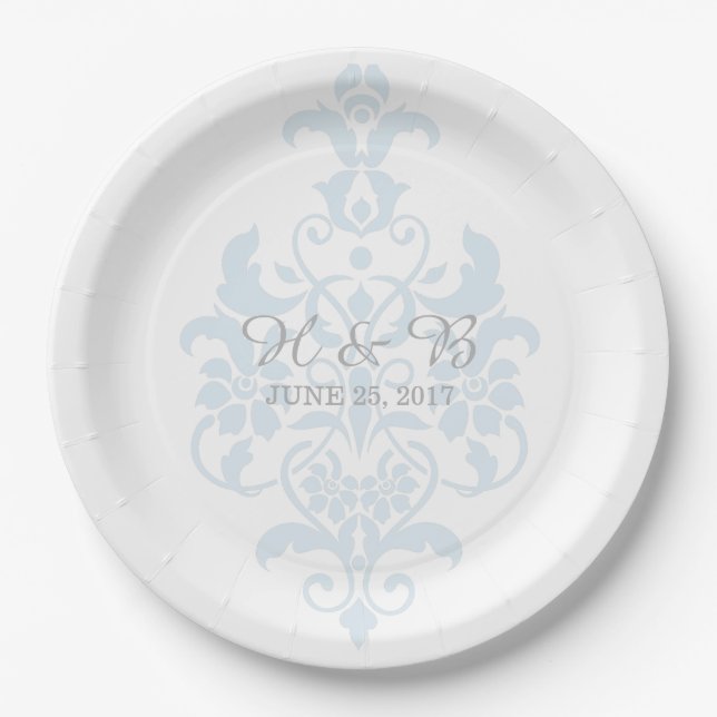 Blue Subtle Damask Wedding Paper Plates (Front)