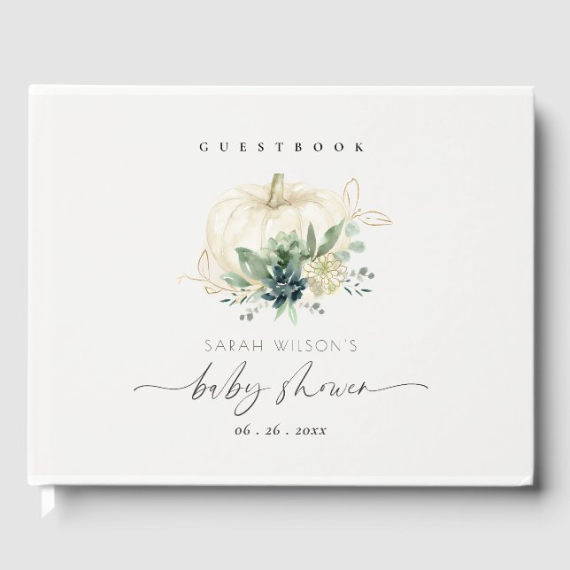 Blue Succulent White Gold Pumpkin Baby Shower Guest Book (Front)