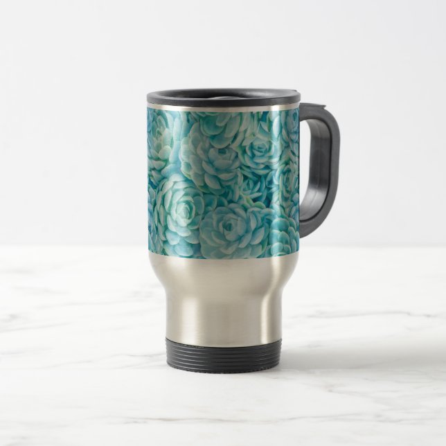 Blue succulents travel mug (Front Right)