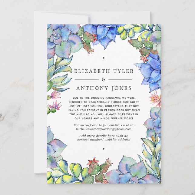 Blue Succulents Wedding Reduced Guest List Announcement (Front)