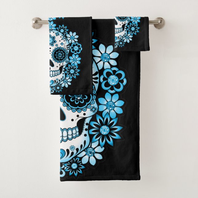 Blue Sugar Skull Bath Towel Set (Insitu)