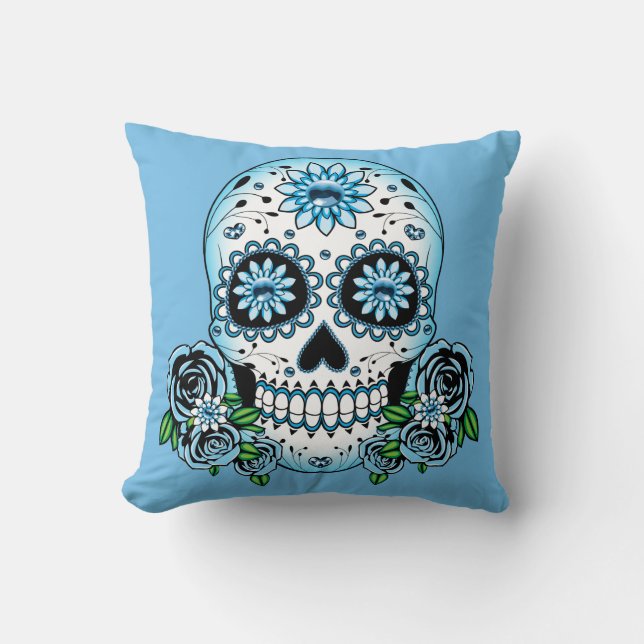 Blue Sugar Skull Cushion (Front)