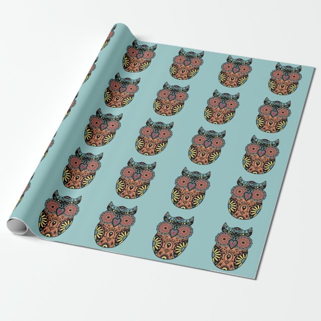 Blue Sugar Skull Owl Wrapping Paper (Unrolled)