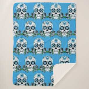 Blue Sugar Skull Sherpa Blanket