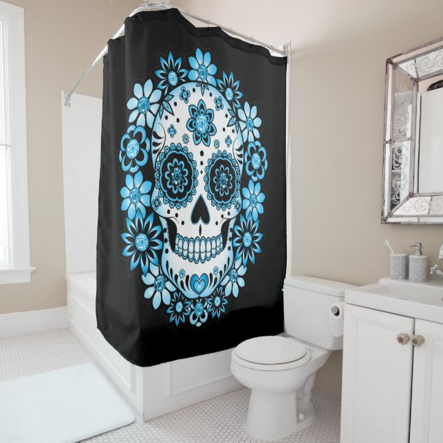 Blue Sugar Skull Shower Curtain (In Situ)