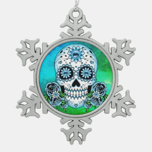 Blue Sugar Skull Snowflake Pewter Christmas Ornament