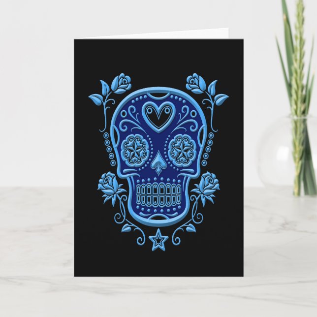 Blue Sugar Skull with Roses on Black Card (Front)