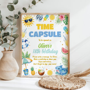 Blue Summer Beach Birthday Party Time Capsule Sign