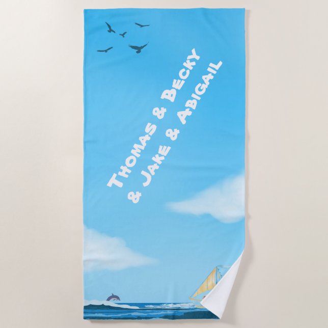 Blue Summer, Bright Sky, White Name Beach Towel (Front)