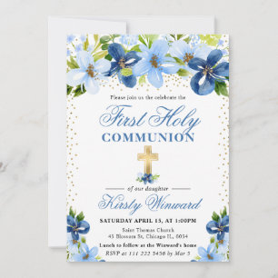 Blue Summer Flowers First Holy Communion Invitation