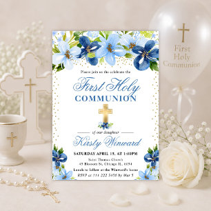 Blue Summer Flowers First Holy Communion Invitation