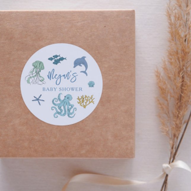 Blue Summer Ocean Baby Shower Favour Classic Round Sticker (Creator Uploaded)