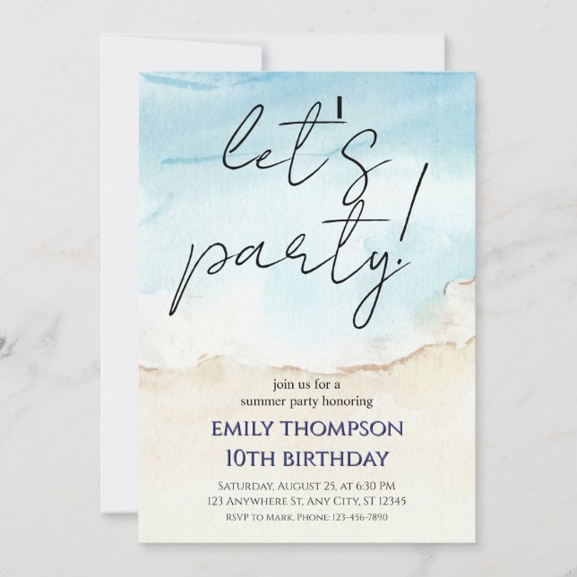 Blue summer ocean let's party birthday invitation (Front)
