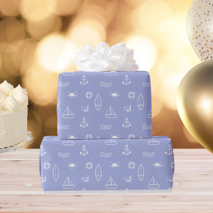 Blue Summer Ocean Line Art Seamless Pattern Wrapping Paper