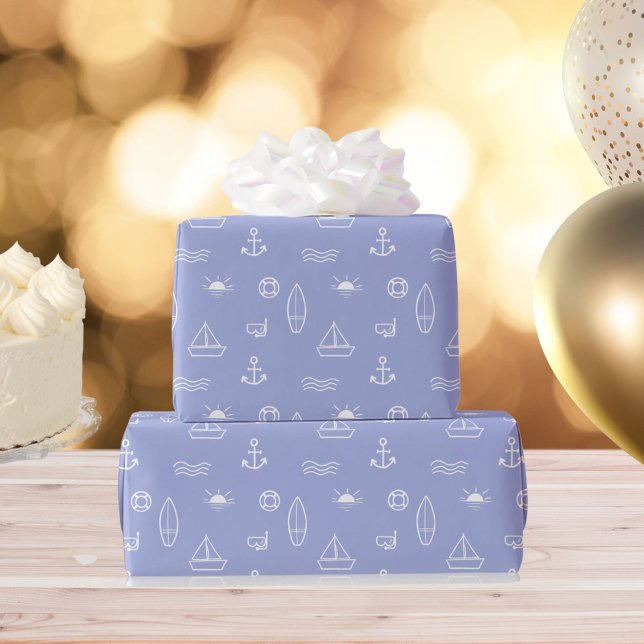 Blue Summer Ocean Line Art Seamless Pattern Wrapping Paper (In situ)