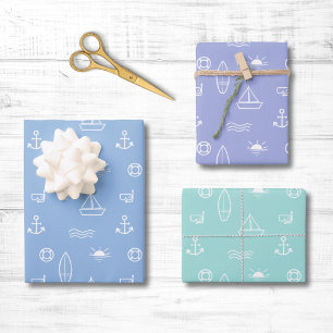 Blue Summer Ocean Line Art Seamless Pattern Wrapping Paper Sheet