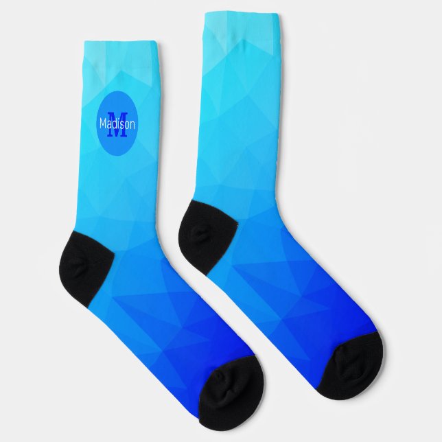 Blue summer sea geometric mesh pattern Monogram Socks (Right)