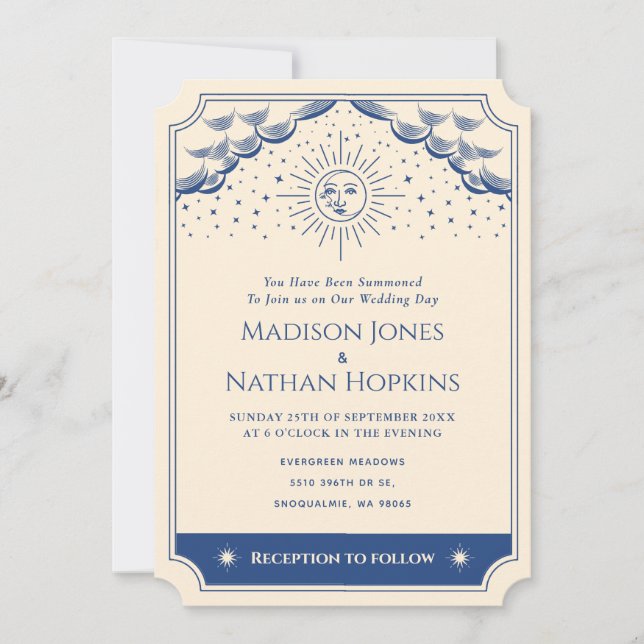 Blue Sun and Moon Tarot Card Wedding Invitation (Front)