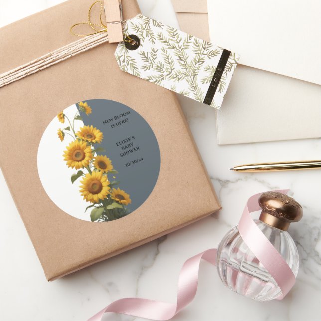 Blue Sunflower Baby Shower Classic Round Sticker (Gifting)