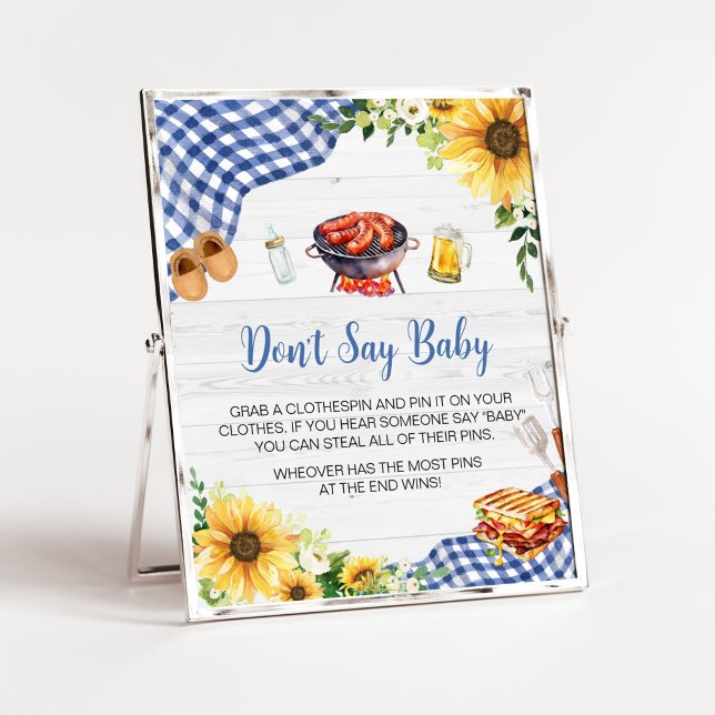 Blue Sunflower BBQ Baby Shower Don't Say Baby Poster (Boy Picnic Backyard Baby Shower Don't Say Baby Sign)