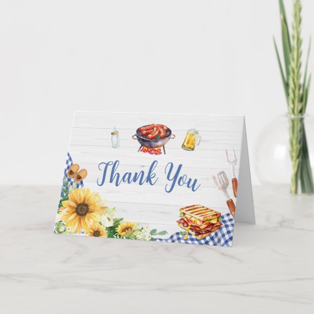 Blue Sunflower BBQ Baby Shower  Thank You Card (Front)