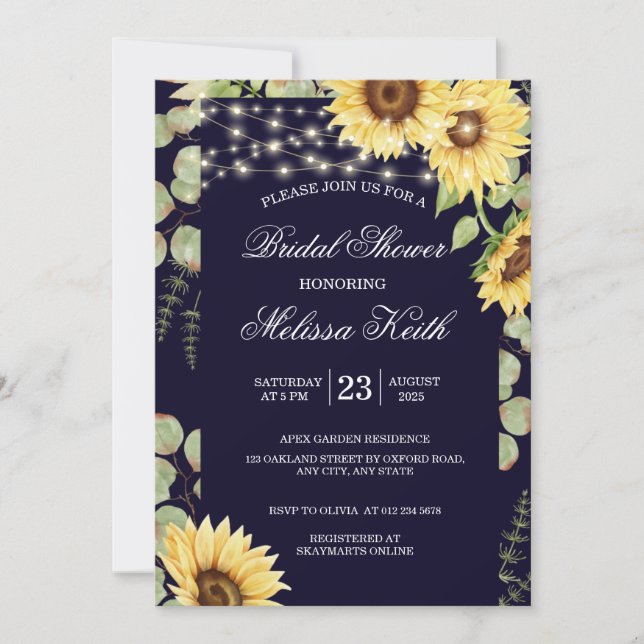 Blue Sunflower Eucalyptus Lights Bridal Shower Invitation (Front)
