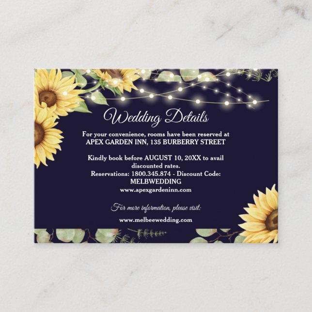 Blue Sunflower Eucalyptus String Lights Wedding Enclosure Card (Front)