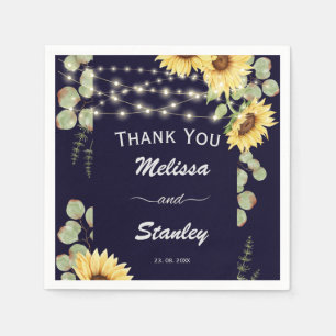 Blue Sunflower Eucalyptus String Lights Wedding Napkin