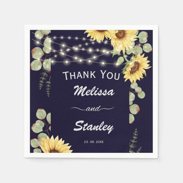 Blue Sunflower Eucalyptus String Lights Wedding Napkin (Front)