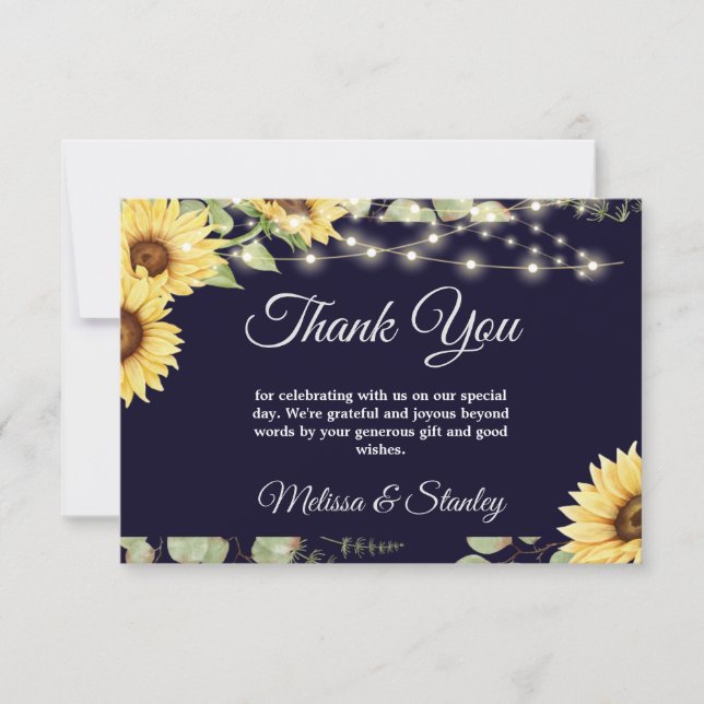 Blue Sunflower Eucalyptus String Lights Wedding Thank You Card (Front)