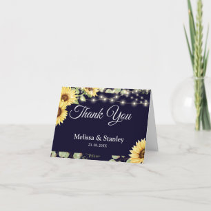 Blue Sunflower Eucalyptus String Lights Wedding Thank You Card