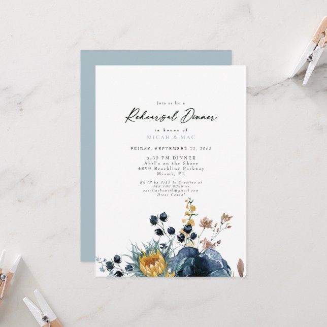 Blue  & Sunflower Floral Rehearsal  Invitation (Front/Back In Situ)
