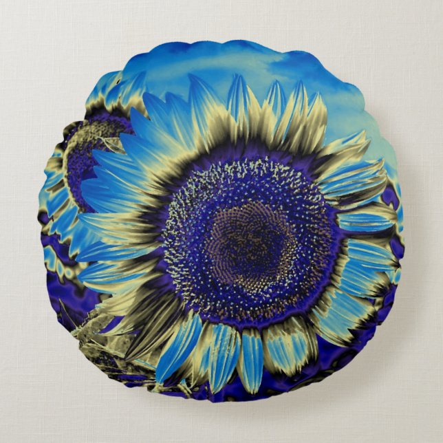 Blue Sunflower Round Cushion (Front)