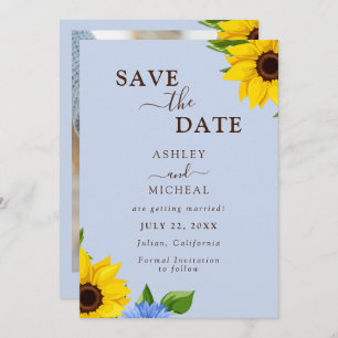 Blue Sunflower Wedding Flat Save The Date Card