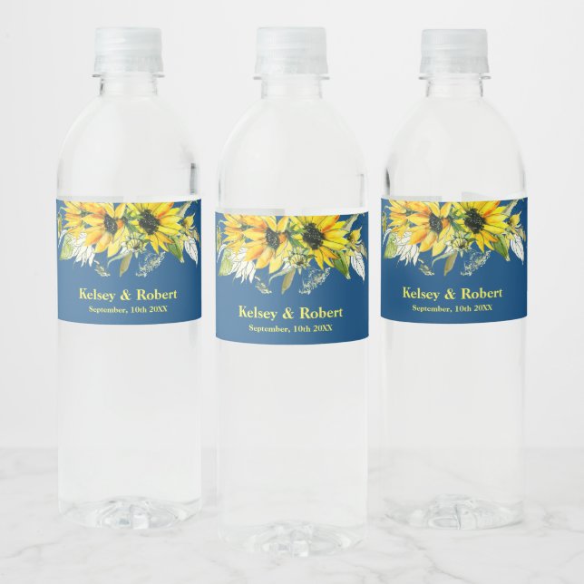 Blue Sunflower Wedding Water Bottle Label (Bottles)