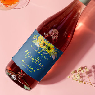 Blue Sunflower Wedding Wine Label