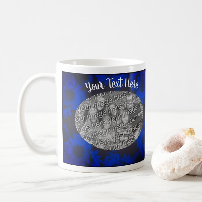 Blue Sunflowers Photo Frame Personalised  Coffee Mug (With Donut)