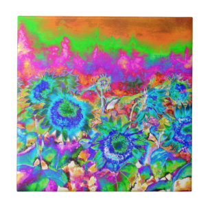 Blue Sunflowers pink purple floral retro funky Tile