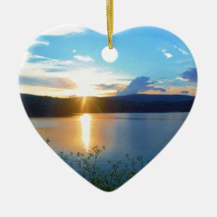 Blue sunset on lake ceramic tree decoration