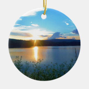 Blue sunset on lake ceramic tree decoration
